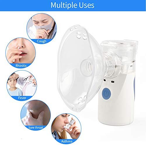 Inhaler device with multiple uses for cough, rhinitis, fever, and asthma on a white background.