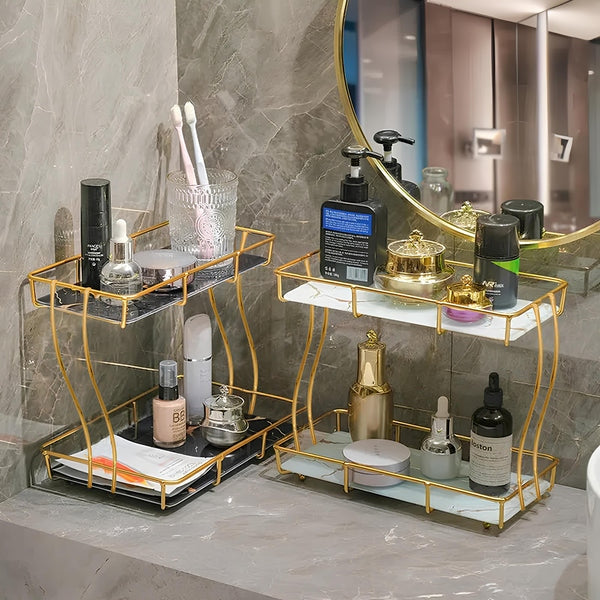 2-Tier Rectangular Golden Vanity Stand – Makeup & Jewelry Organizer