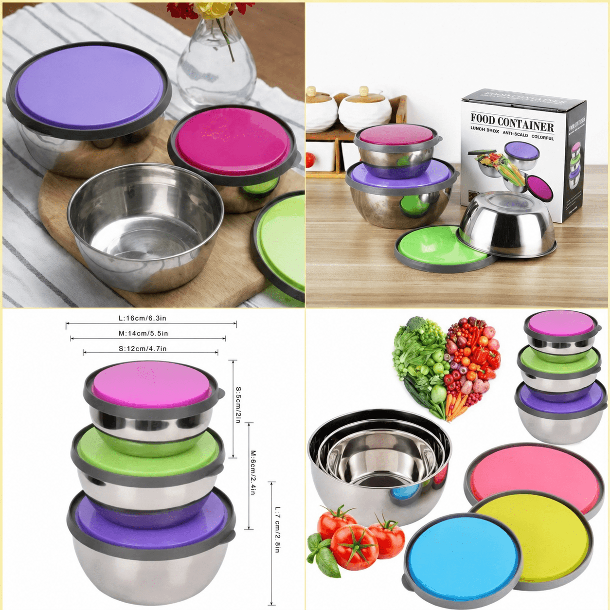 Stainless Steel Colourful 3pcs Bowl Set