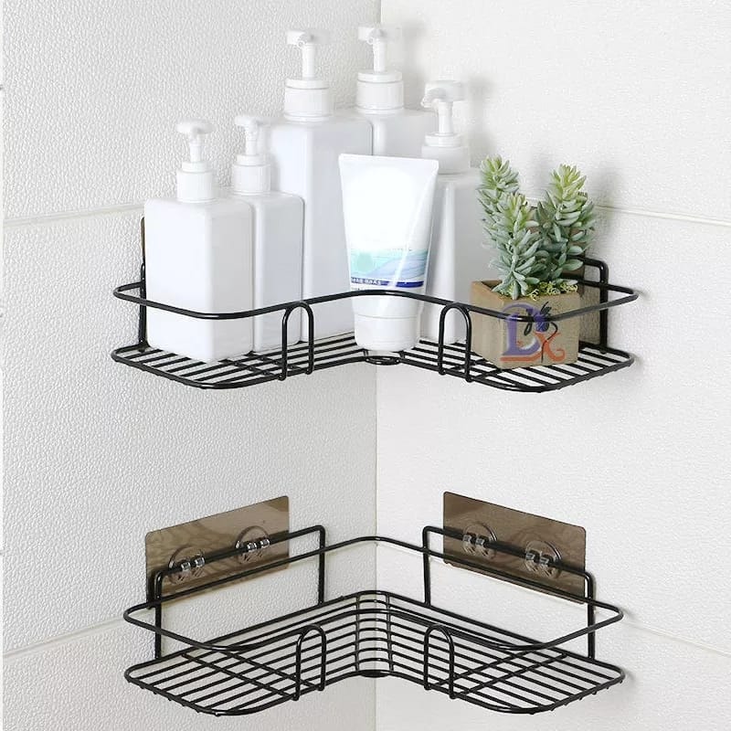 Corner wall-mounted metal shelf with bathroom products on a white wall.