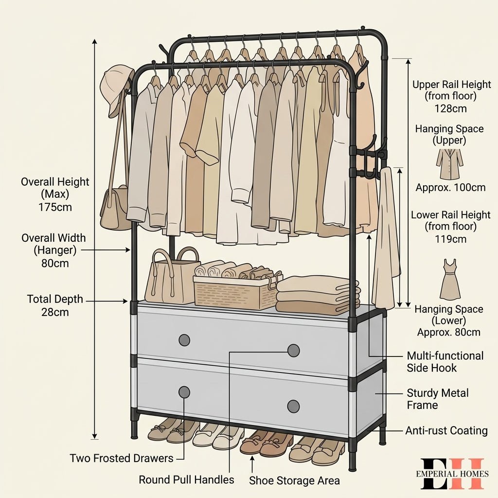Double Pole Clothes Rack with Drawers & Shoe Storage | Heavy Duty Metal Wardrobe Organizer - Emperial Homes