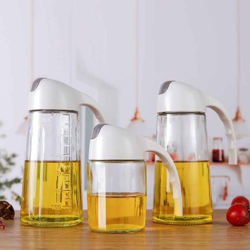 Oil Jug Dispenser (600 ml) – Automatic Flip Cap, Leak-Proof Glass Bottle