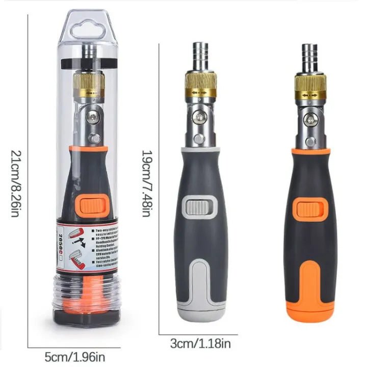 Ek black aur orange color ka screwdriver handle jise haath se pakda gaya hai. Isme ek button dabane par niche se bits ka storage compartment bahar nikalta hai