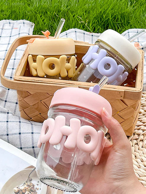 350ml Cute Glass Sipper with Straw, Lid & Pearl Chain | Kids & Girls Water Cup