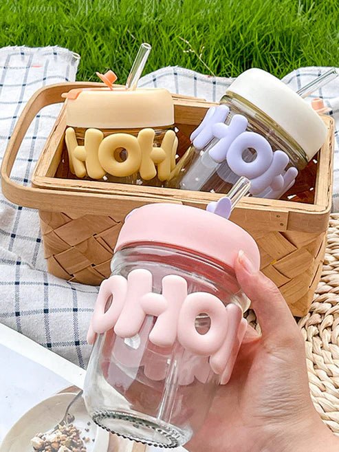 350ml Cute Glass Sipper with Straw, Lid & Pearl Chain | Kids & Girls Water Cup