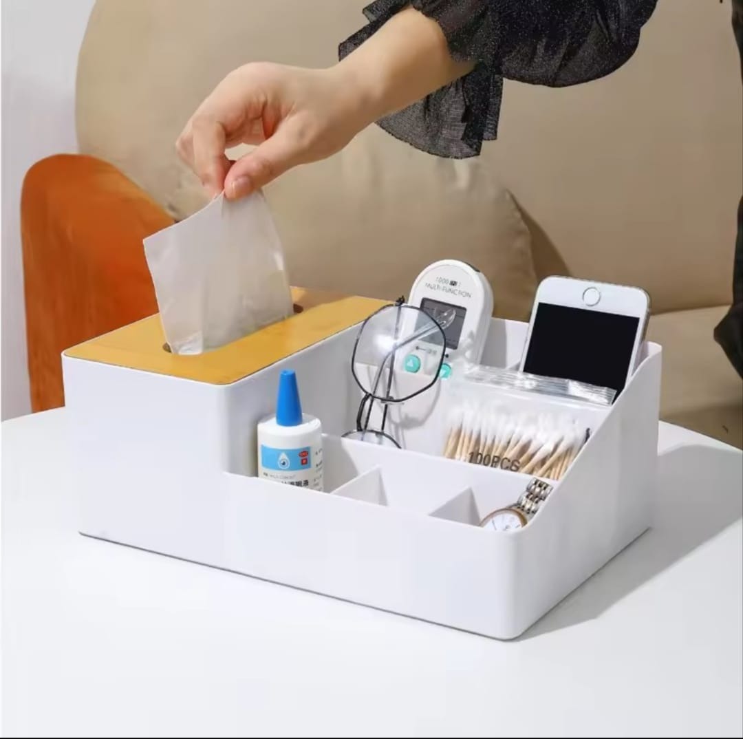 Premium Multifunctional Desktop Tissue Storage Box | 6-Grid Organizer