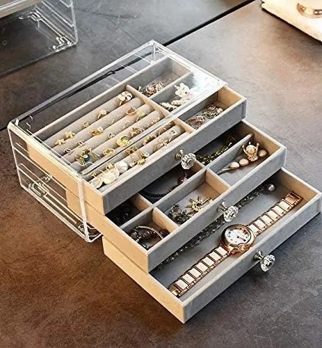 Soft Velvet Jewelry Box – 3-Drawer Jewelry Storage Organizer for Rings, Earrings & Bracelets