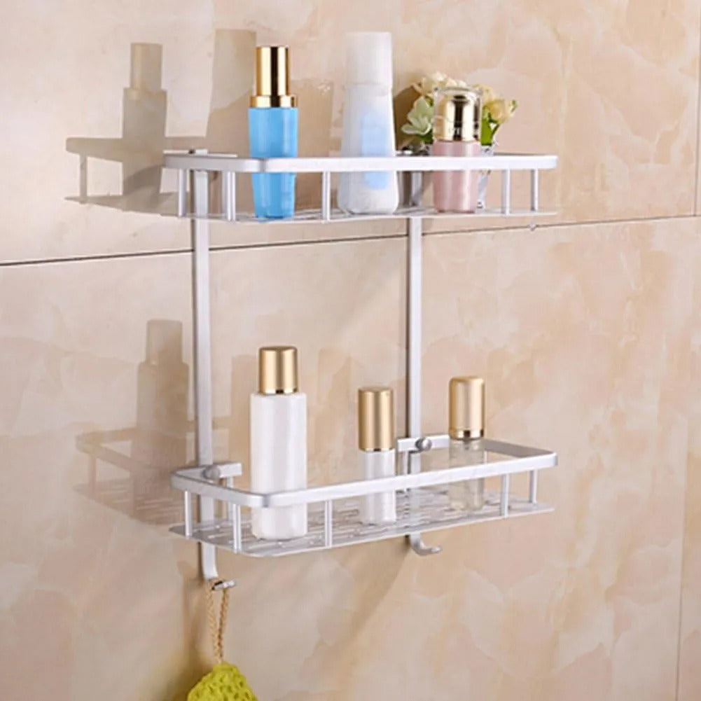 2-Layer Aluminum Bathroom Corner Shower Shelf – Space-Saving Wall Rack Organizer