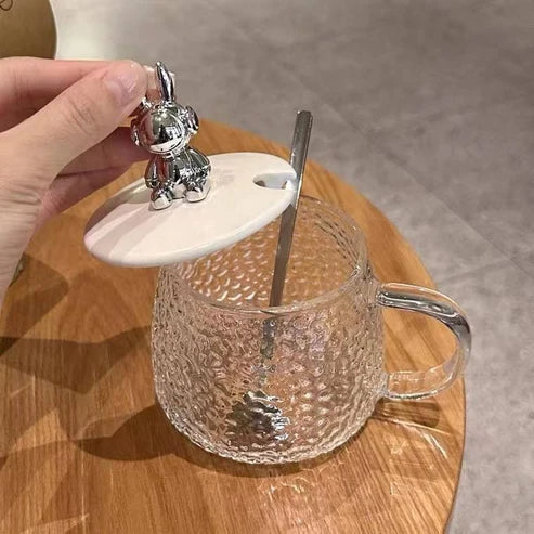 400ml Glass Mug with Bear Lid & Spoon | Cute Crystal Tea & Coffee Cup