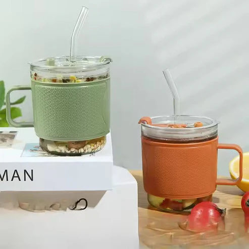 400ml Anti-Scald Insulated Glass Mug with Straw | Hot & Cold Coffee Cup