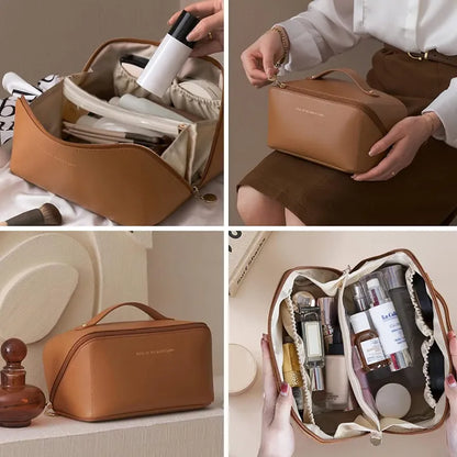 Luxury Leather Waterproof Makeup Storage Bag – Travel Cosmetic & Toiletries Organizer