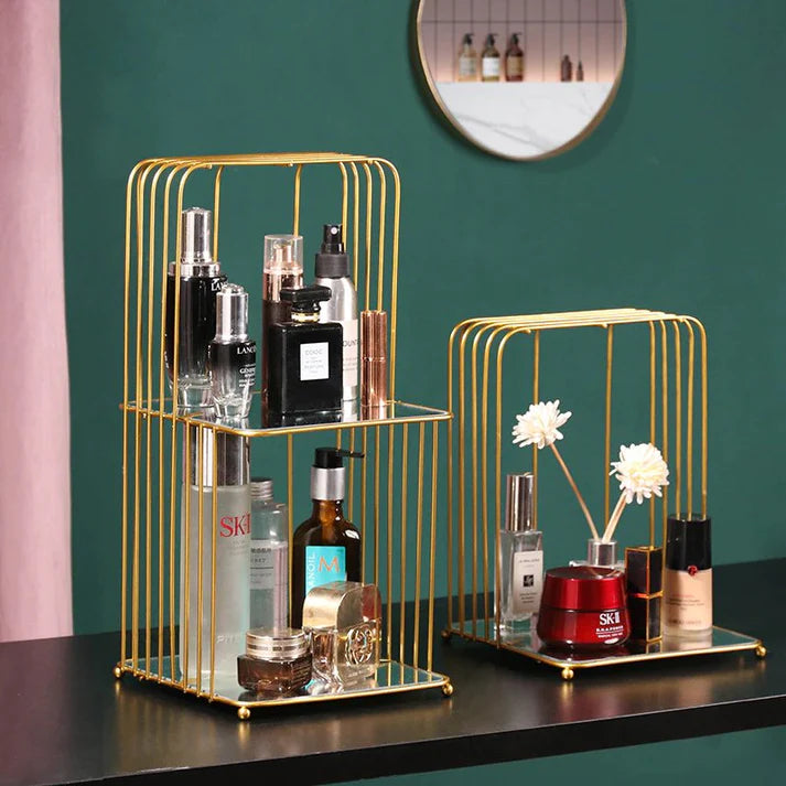 New Style Cage Metal Brass Cosmetic Organizer with Mirror Shelves