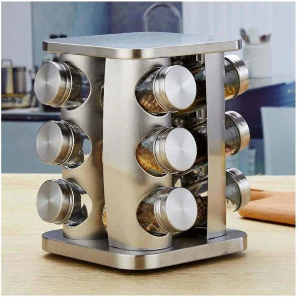 Stainless Steel 12 Pcs Jars Rotating Spice Jar Rack Set