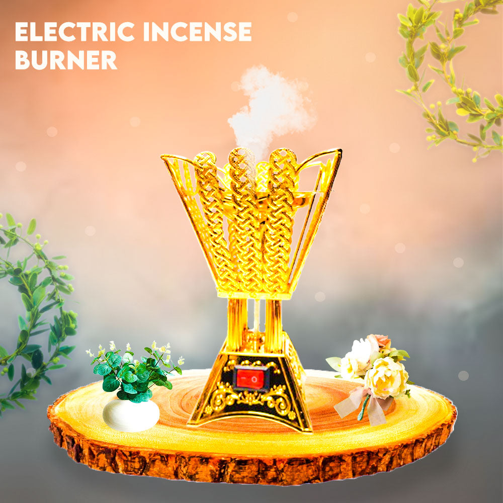 Floral Golden Electric Incense Burner – Decorative Aromatherapy Diffuser