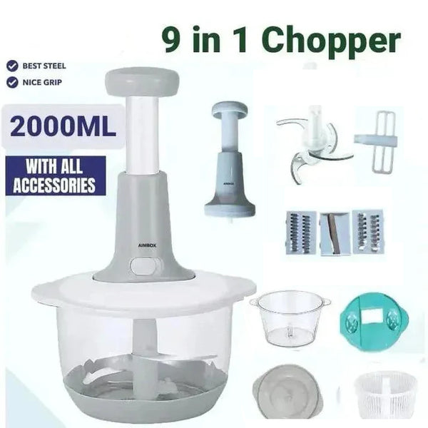 9-in-1 Manual Chopper – Vegetable, Meat & Salad Cutter with Blender & Shredder - 2 Liters