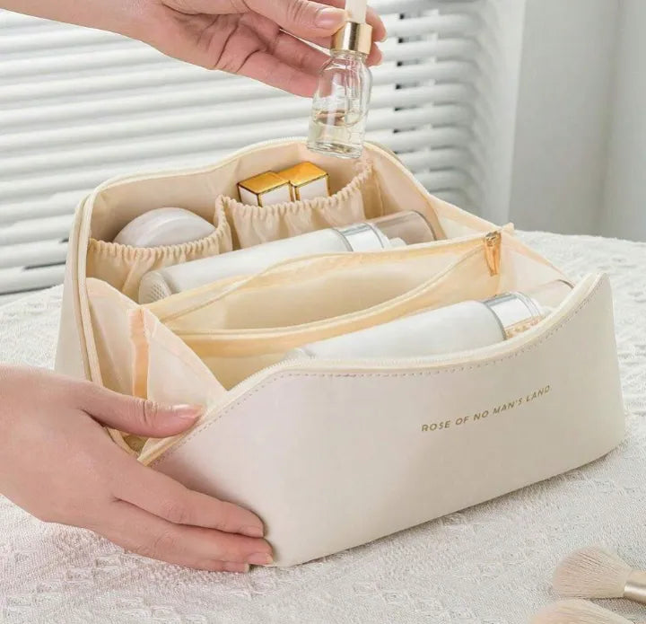 Luxury Leather Waterproof Makeup Storage Bag – Travel Cosmetic & Toiletries Organizer