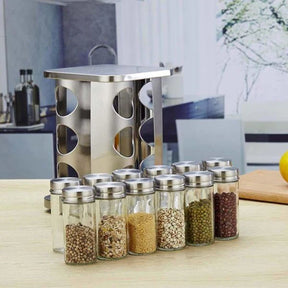 Stainless Steel 12 Pcs Jars Rotating Spice Jar Rack Set