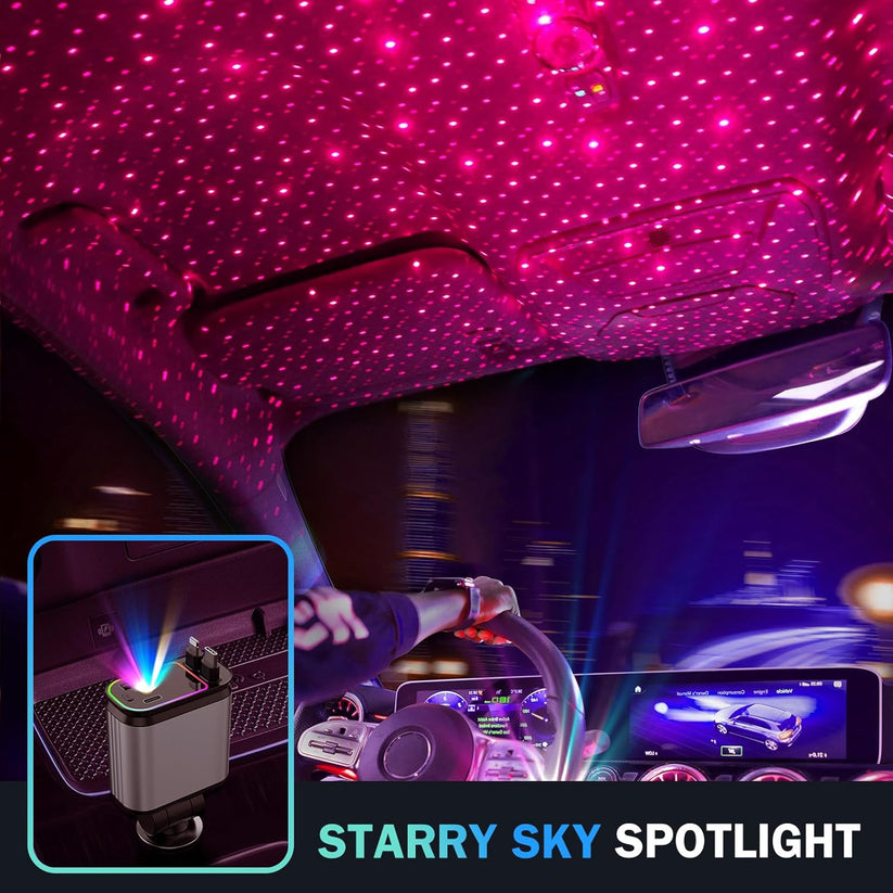 Car interior with starry sky ceiling light and spotlight device.
