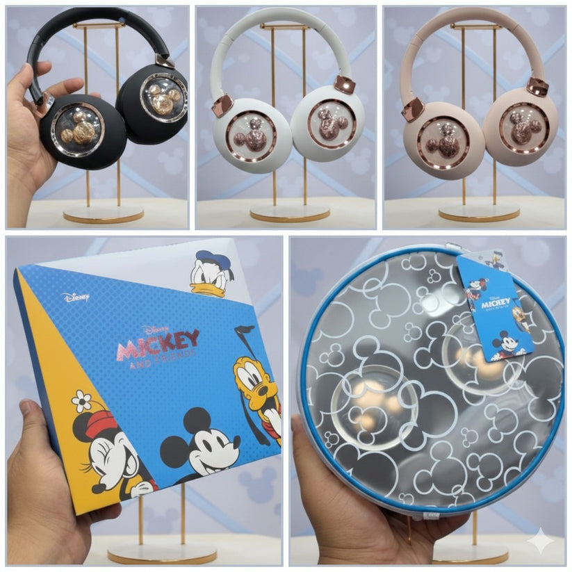 Collage of Mickey Mouse-themed headphones and packaging