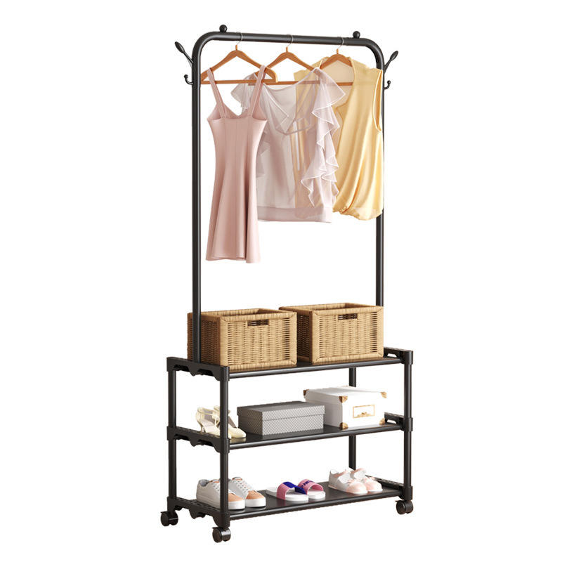 Movable Wardrobe Closet Rack with Shelves & Shoe Storage – Single Pole Metal Clothes Hanger Stand