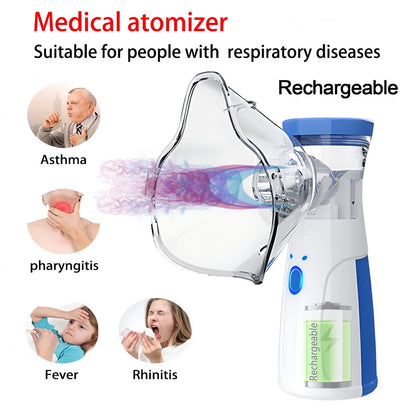 Medical atomizer with text indicating its use for respiratory diseases and features like rechargeability.