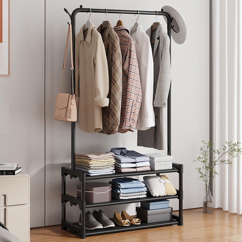 Movable Wardrobe Closet Rack with Shelves & Shoe Storage – Single Pole Metal Clothes Hanger Stand