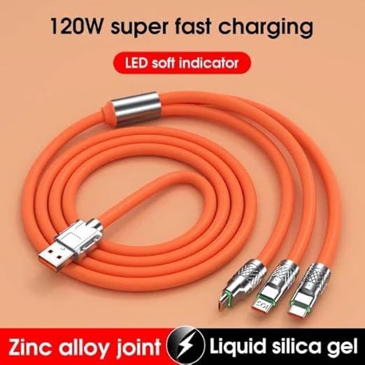 120W Fast Charging 3-in-1 Cable – Type-C, Micro USB & Lightning Multi Charger Cable for Android, iPhone & Tablets