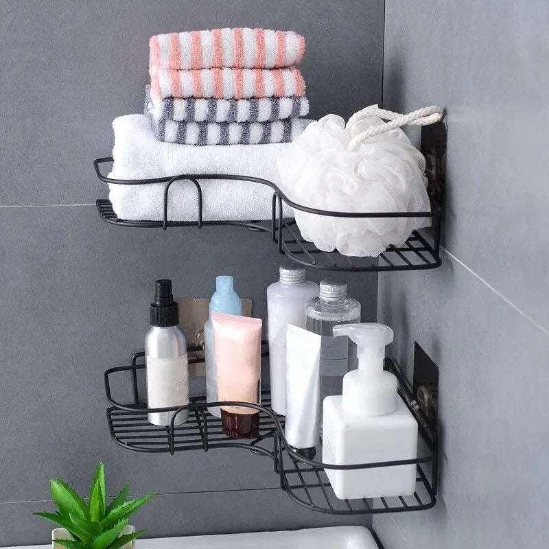 Self-Adhesive Wall Corner Rack | Punch-Free Metal Bathroom & Kitchen Shelf