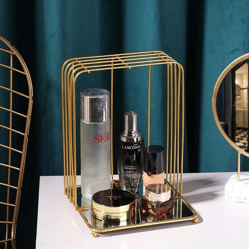 New Style Cage Metal Brass Cosmetic Organizer with Mirror Shelves