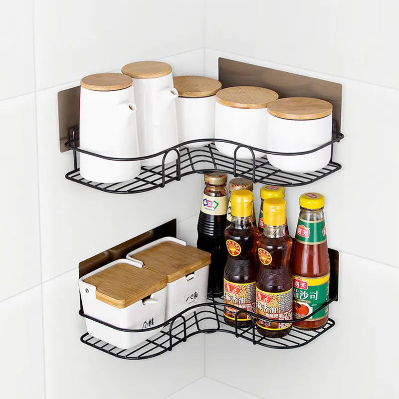 Self-Adhesive Wall Corner Rack | Punch-Free Metal Bathroom & Kitchen Shelf