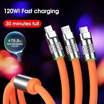 120W Fast Charging 3-in-1 Cable – Type-C, Micro USB & Lightning Multi Charger Cable for Android, iPhone & Tablets