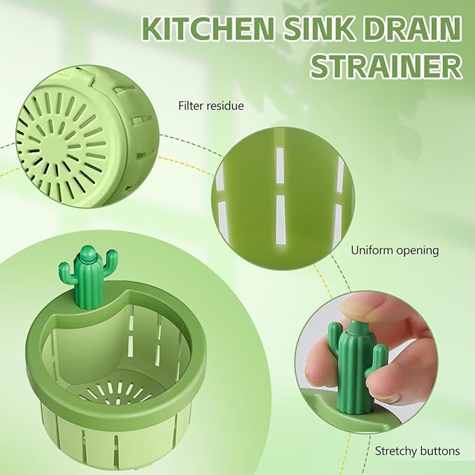 Cactus Sink Drain Basket | Kitchen Sink Strainer with Hands-free Waste Removal | Anti-Clog Food Catcher for Drain Cleaning