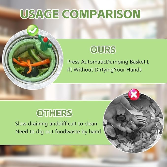 Cactus Sink Drain Basket | Kitchen Sink Strainer with Hands-free Waste Removal | Anti-Clog Food Catcher for Drain Cleaning