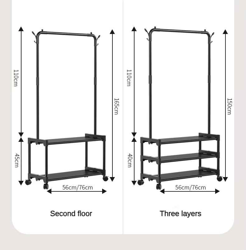 Movable Wardrobe Closet Rack with Shelves & Shoe Storage – Single Pole Metal Clothes Hanger Stand
