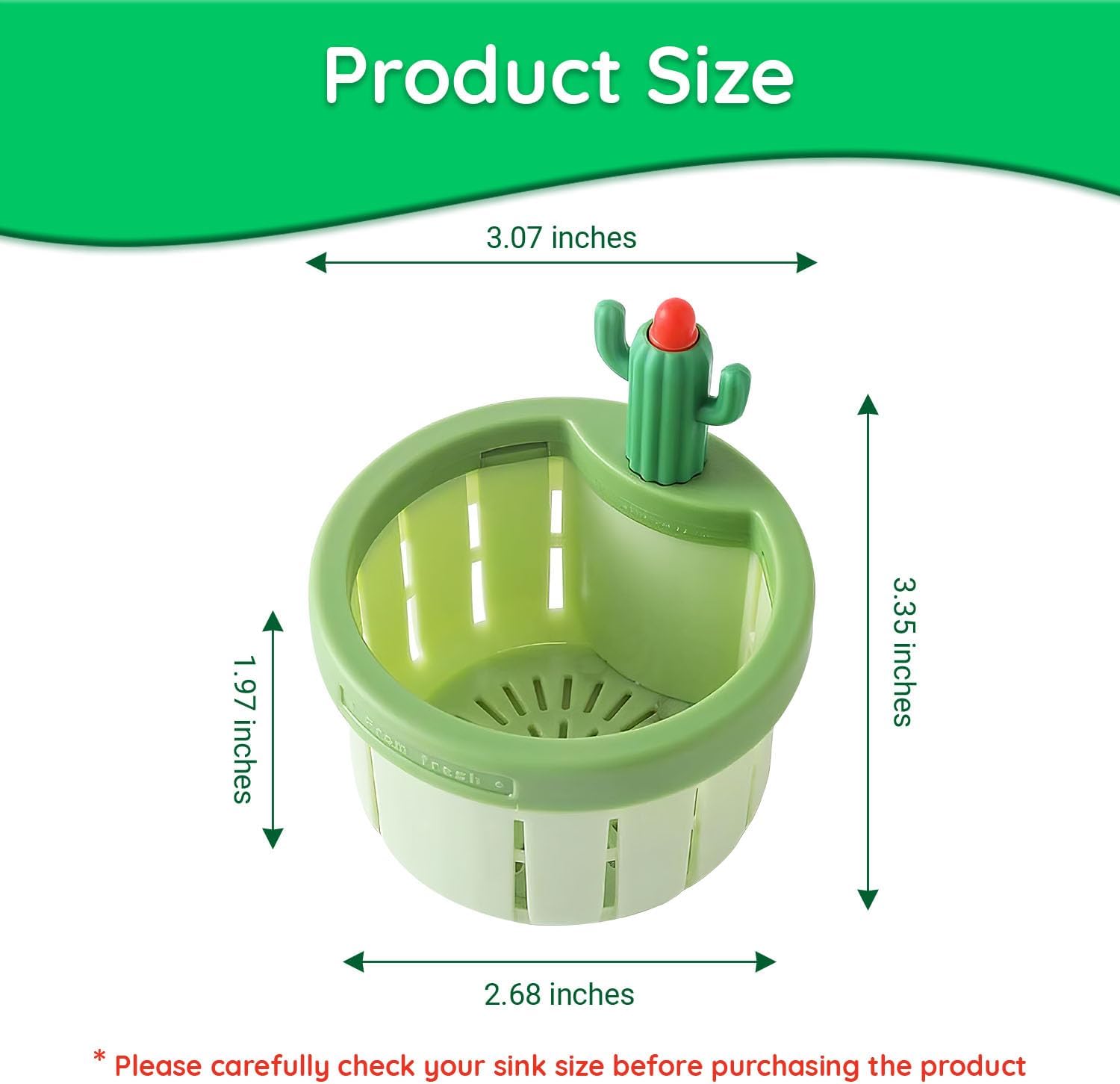 Cactus Sink Drain Basket | Kitchen Sink Strainer with Hands-free Waste Removal | Anti-Clog Food Catcher for Drain Cleaning