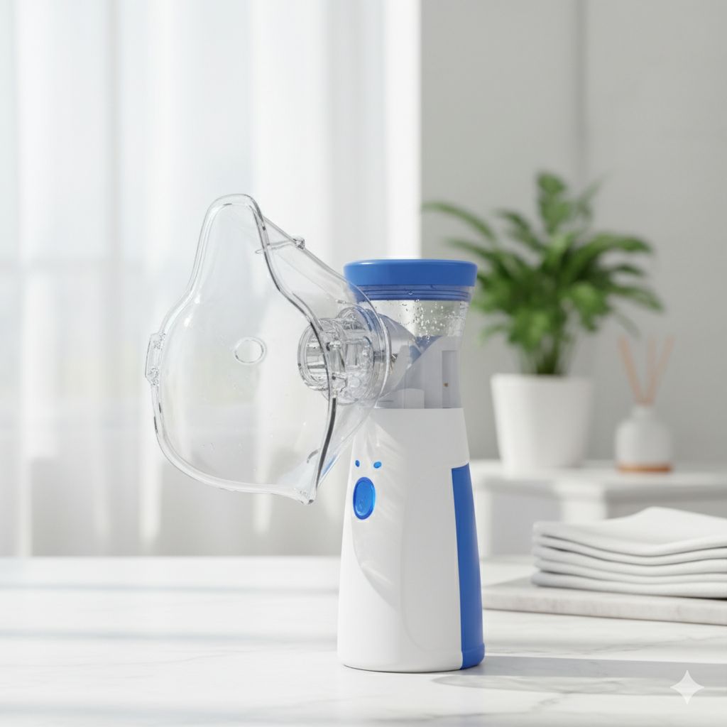 White and blue nebulizer on a white surface with a plant in the background
