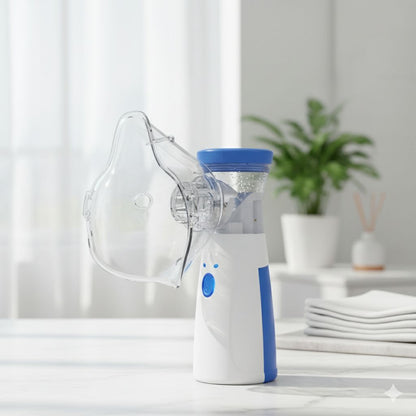 White and blue nebulizer on a white surface with a plant in the background