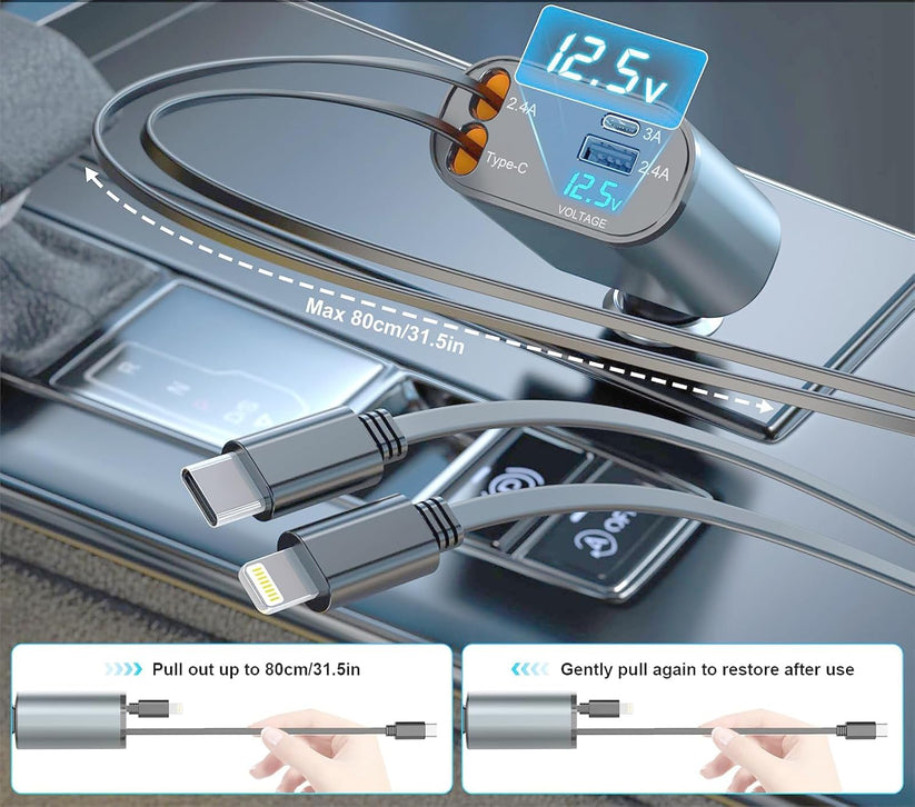 Car charger with digital display and flexible cable extension, showing usage instructions.