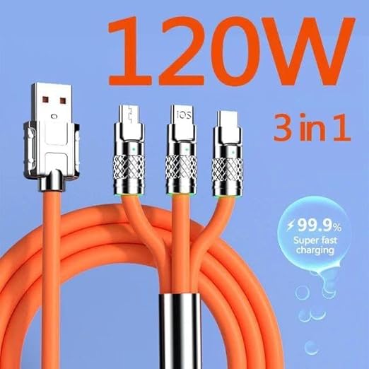 120W Fast Charging 3-in-1 Cable – Type-C, Micro USB & Lightning Multi Charger Cable for Android, iPhone & Tablets