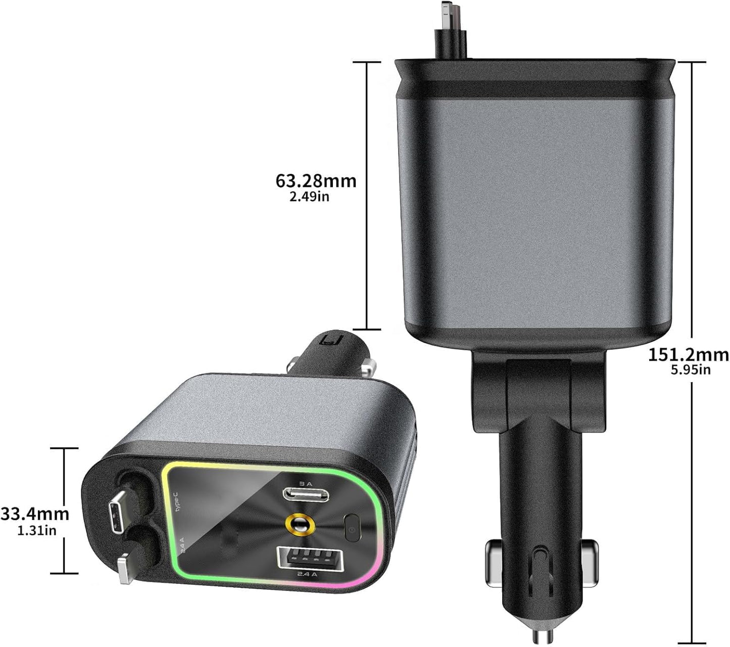 4‑in‑1 Retractable Car Charger with Star Sky Light – Fast Charging with Type‑C, iPhone Cable & USB Port