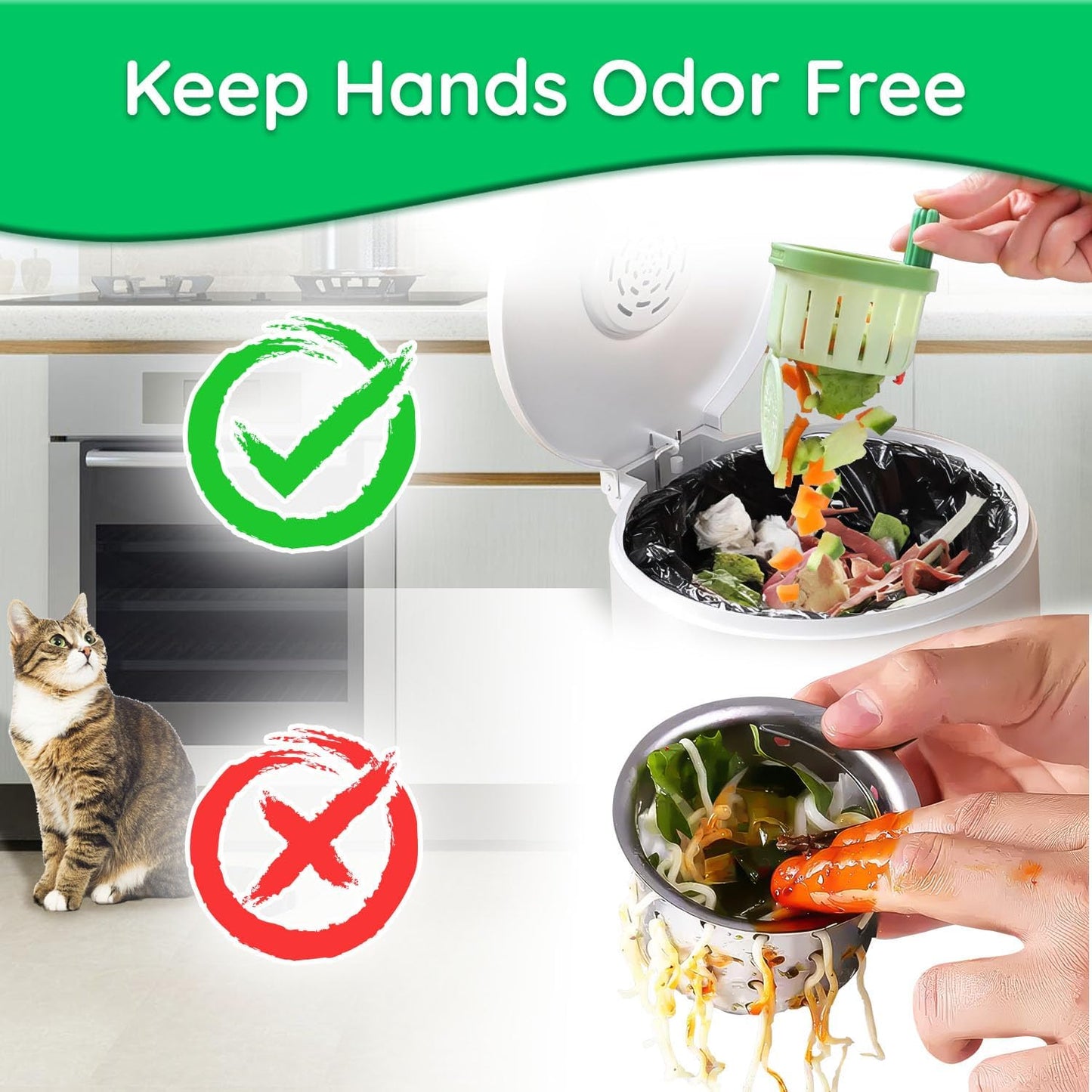 Kitchen waste disposal system with text 'Keep Hands Odor Free' and a cat observing.