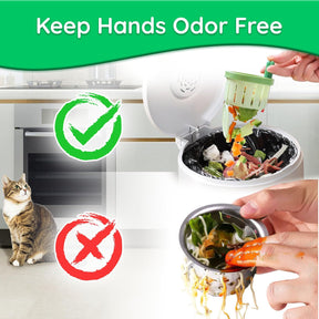 Kitchen waste disposal system with text 'Keep Hands Odor Free' and a cat observing.