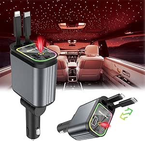 4‑in‑1 Retractable Car Charger with Star Sky Light – Fast Charging with Type‑C, iPhone Cable & USB Port