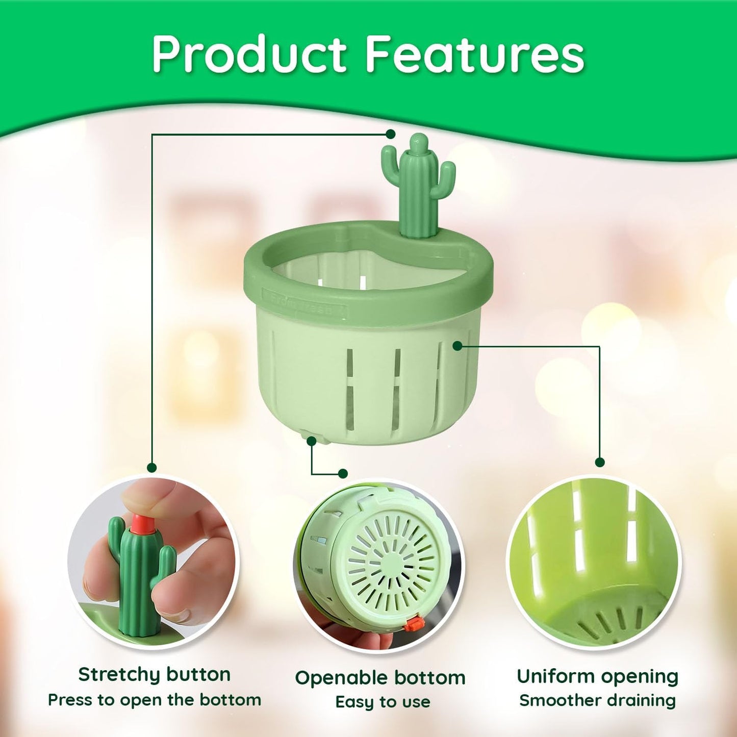 Cactus Sink Drain Basket | Kitchen Sink Strainer with Hands-free Waste Removal | Anti-Clog Food Catcher for Drain Cleaning