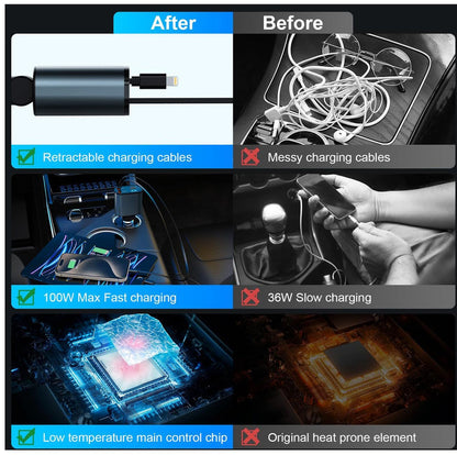 4‑in‑1 Retractable Car Charger with Star Sky Light – Fast Charging with Type‑C, iPhone Cable & USB Port