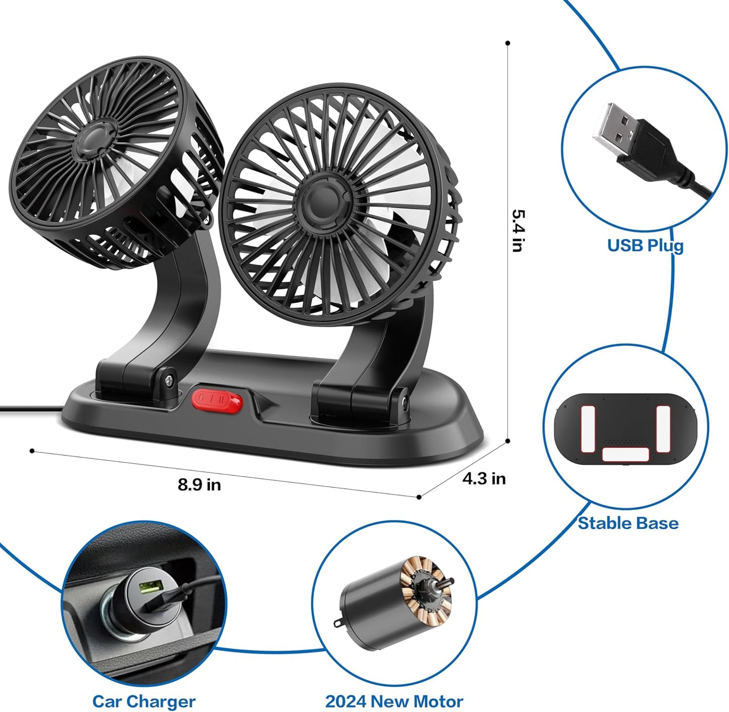 Portable High-Speed Dual Car Fan – 360° Rotatable 12V Cooling Fan for Car, SUV & Truck (Low Noise, Adjustable Speed)