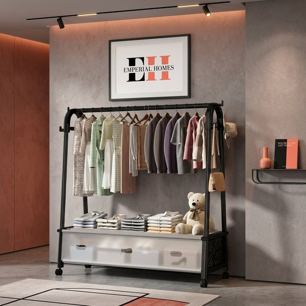 Minimalist Heavy Duty Clothing Stand with Bottom Storage & Wheels