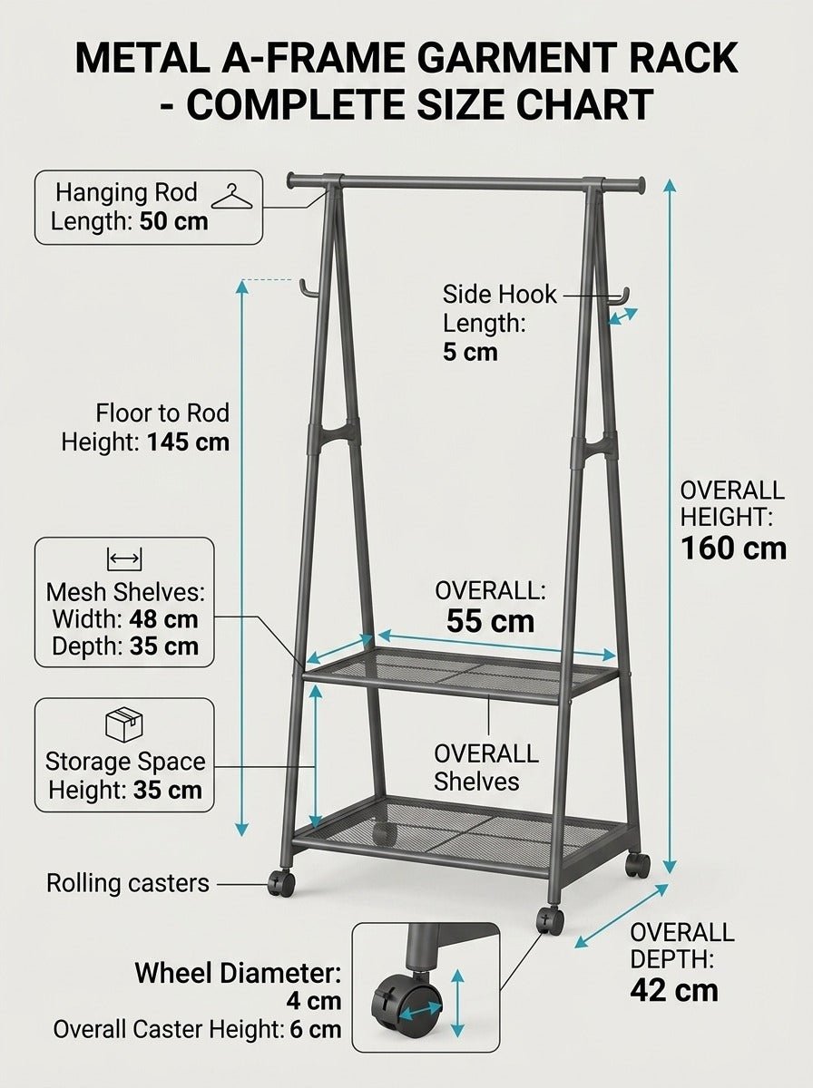 Black Metal A-Frame Standing Clothes Rack displaying hung shirts, dresses, side hook for hats, and bottom 2-tier shelves with clothes and storage box - Emperial Homes