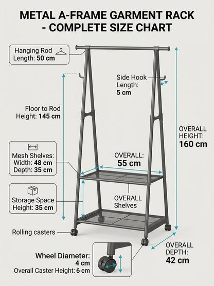Black Metal A-Frame Standing Clothes Rack displaying hung shirts, dresses, side hook for hats, and bottom 2-tier shelves with clothes and storage box - Emperial Homes
