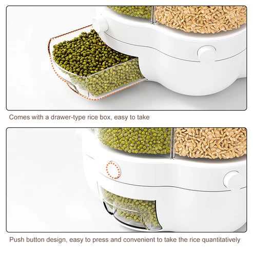 360° Rotating Grain & Cereal Dispenser — Multi-Compartment Kitchen Storage Organizer